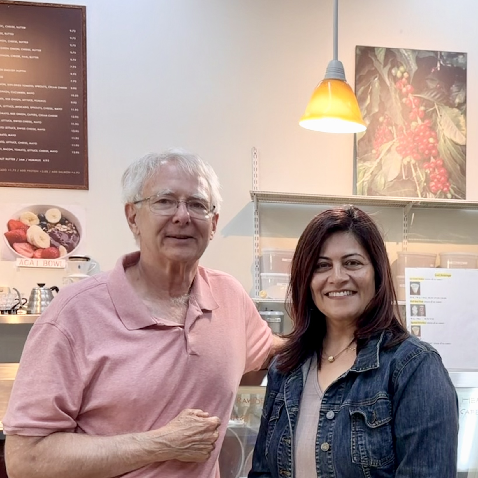 Megha Chawla with a San Carlos neighbor at a local cafe