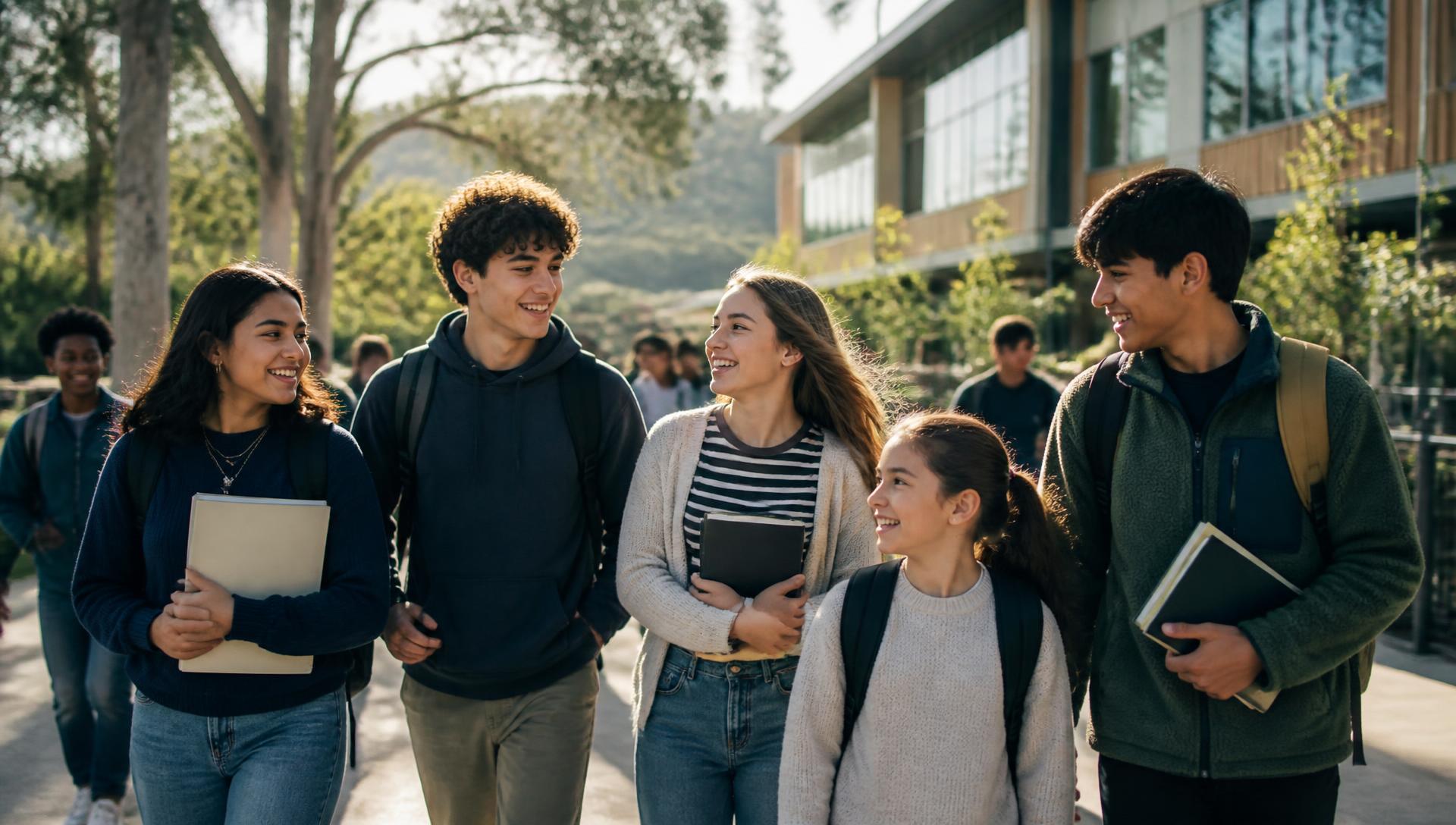 Students walking together across a sunlit San Carlos school campus